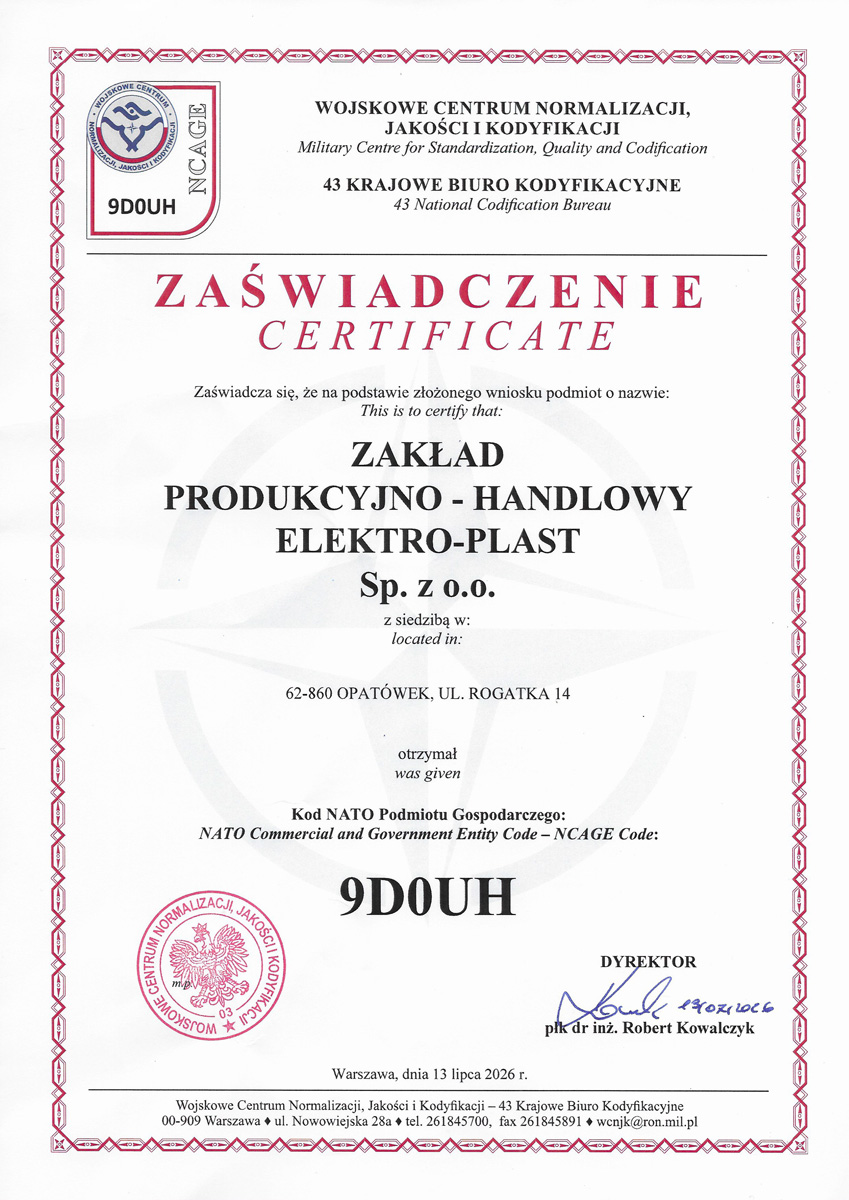 Kod NCAGE (NATO Commercial and Government Entity): Kod identyfikacyjny podmiotu gospodarczego nadawany przez Wojskowe Centrum Normalizacji, Jakości i Kodyfikacji (WCNJiK) w ramach Systemu Kodyfikacyjnego NATO. Kod ten umożliwia firmie Elektro-Plast dostarczanie wyrobów i usług dla sił zbrojnych państw członkowskich NATO.