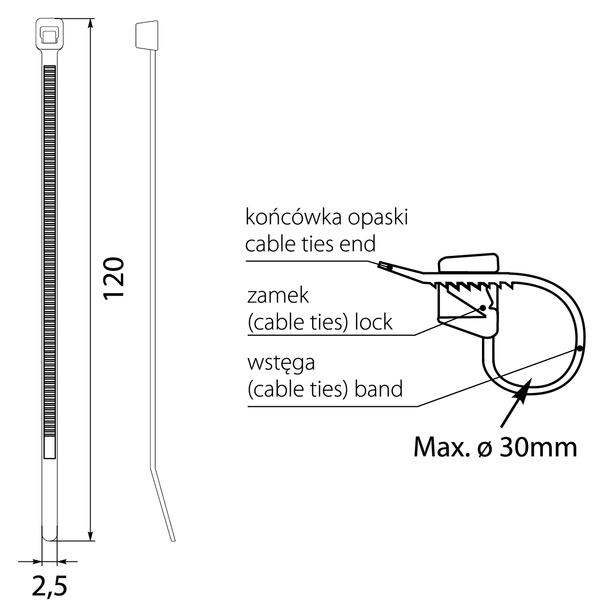 Opaska Zaciskowa czarna OZC 25-120 UV, 2.5x120, max. Φ30 Opaska Zaciskowa czarna OZC 25-120 UV, 2.5x120, max. Φ30,elektro-plast