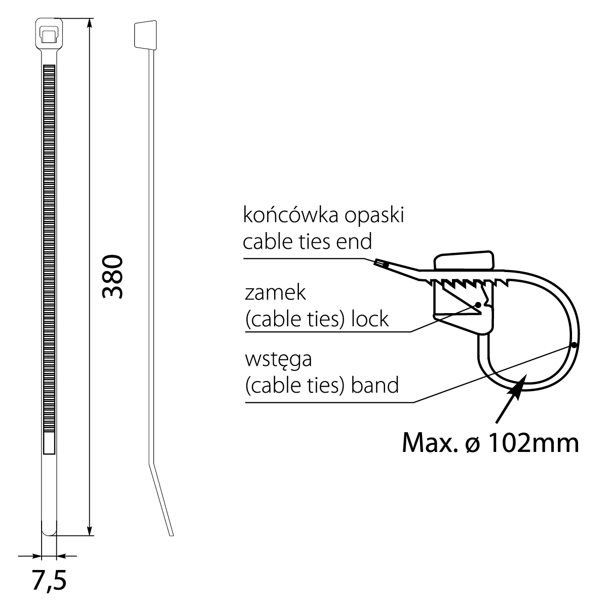 Opaska Zaciskowa czarna OZC 75-380 UV, 7.5x380, max. Φ102, 540N Opaska Zaciskowa czarna OZC 75-380 UV, 7.5x380, max. Φ102, 540N,elektro-plast