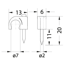 Uchwyt kablowy z gwoździem FLOP-7, okrągły przewód ⌀7mm, biały, gwóźdź: 2x20mm