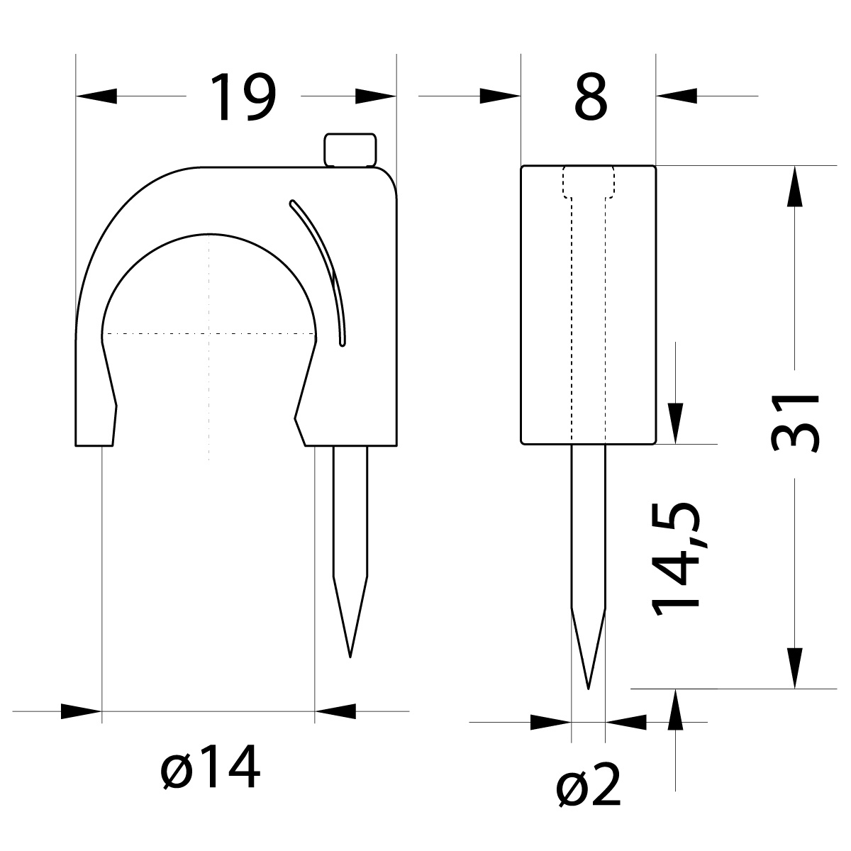 Uchwyt kablowy z gwoździem FLOP-14 UV, okrągły przewód ⌀14mm, czarny, gwóźdź: 2x31mm Uchwyt kablowy z gwoździem FLOP-14 UV, okrągły przewód ⌀14mm, czarny, gwóźdź: 2x31mm,elektro-plast