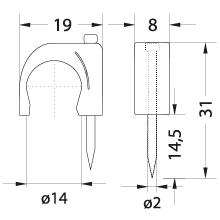 Uchwyt kablowy z gwoździem FLOP-14, okrągły przewód ⌀14mm, biały, gwóźdź: 2x31mm