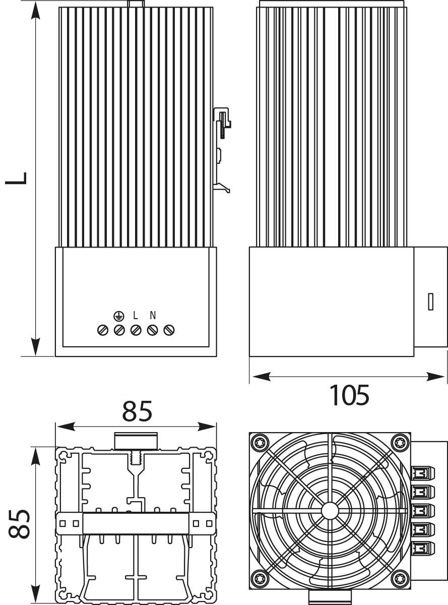 Grzałka półprzewodnikowa z wentylatorem GRZW250, na szynę TH35, IP20 / I, PTC, 230V AC, 250W Grzałka półprzewodnikowa z wentylatorem GRZW250, na szynę TH35, IP20 / I, PTC, 230V AC, 250W,elektro-plast