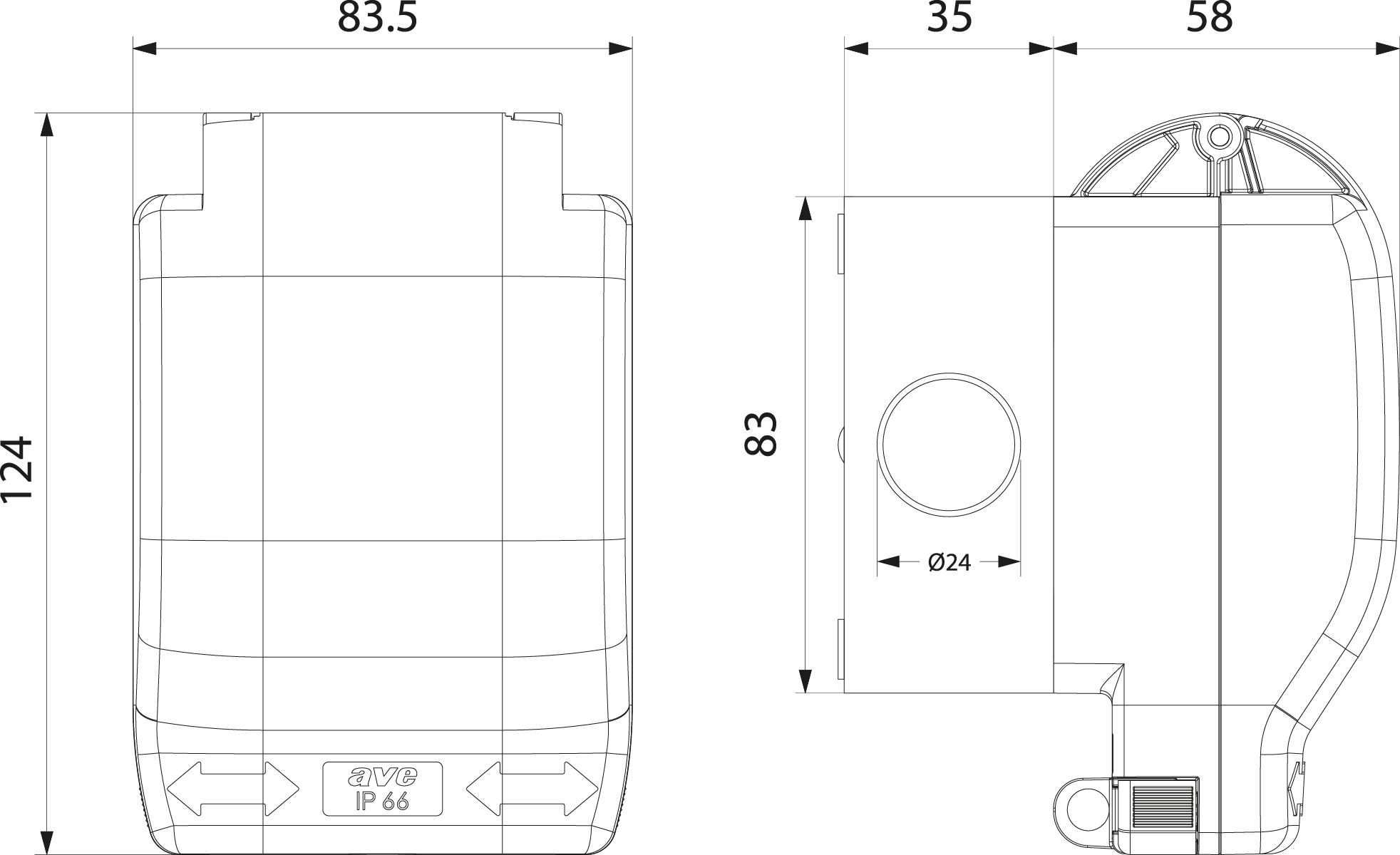 Gniazdo Hermetyczne Natynkowe AVE IP66 2P+Z z uchylną transparentną pokrywą, kolor szary, 16A, 250V~ Gniazdo Hermetyczne Natynkowe AVE IP66 2P+Z z uchylną transparentną pokrywą, kolor szary, 16A, 250V~,elektro-plast
